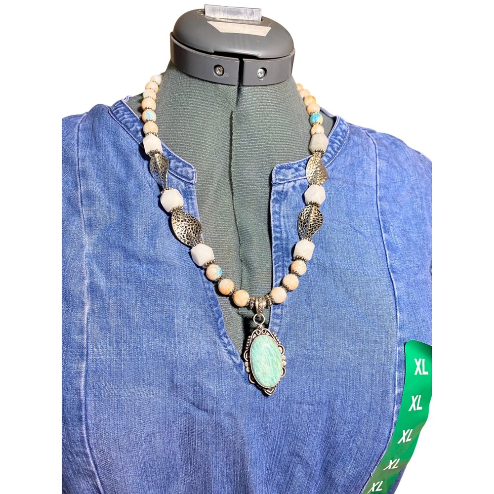 925 Sterling Silver Amazonite Pendant Beaded Statement Necklace Boho Artisan